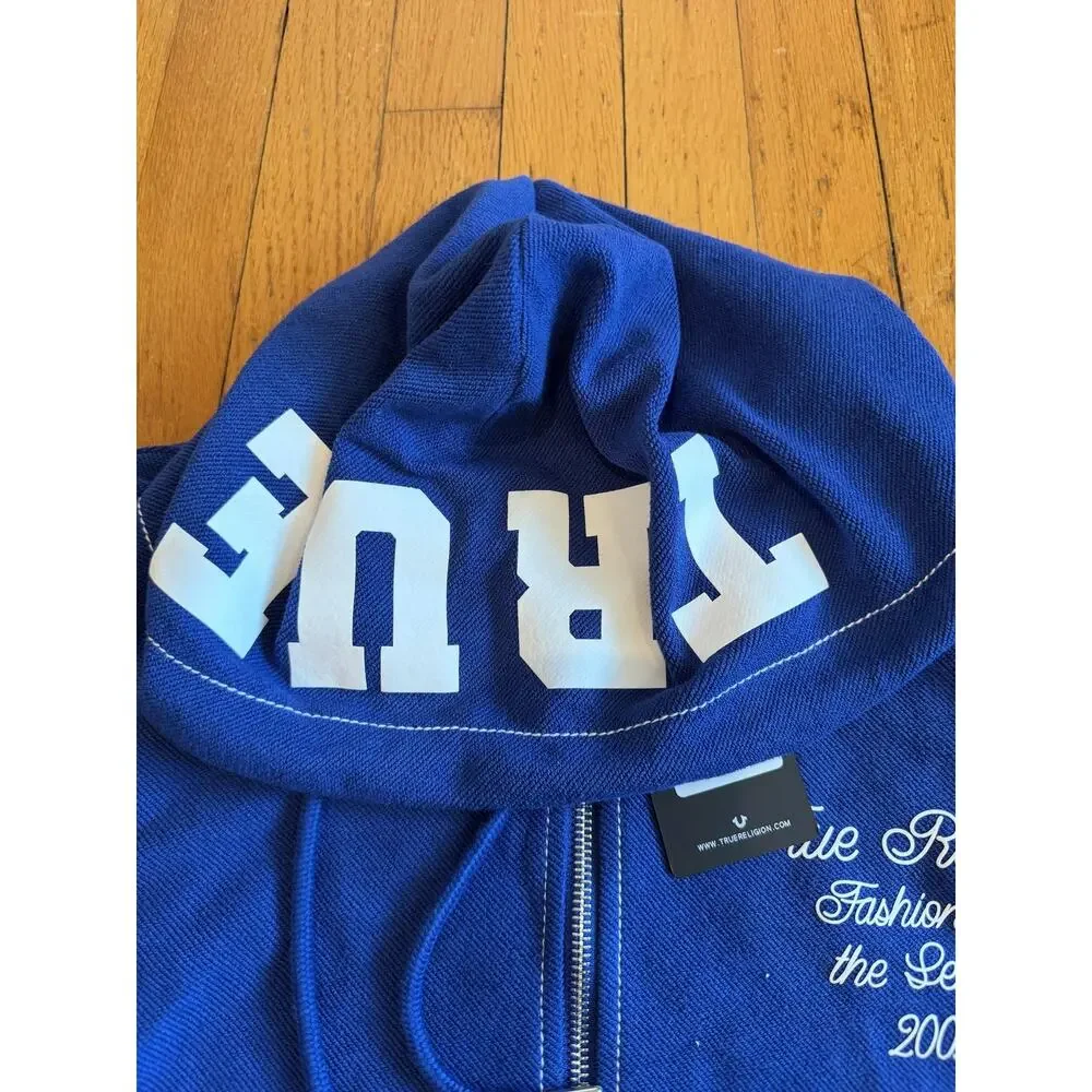 True Religion Hoodie Mens Large Blue Reverse Terry Zip Up Sweatshirt NWT